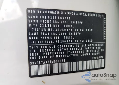 2018 Volkswagen Tiguan Se из США, поврежденный, VIN 3VV3B7AX5JM090936